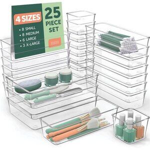 Clear Plastic Drawer Organizer Bins 25pc Set Makeup Kitchen Bathroom Storage